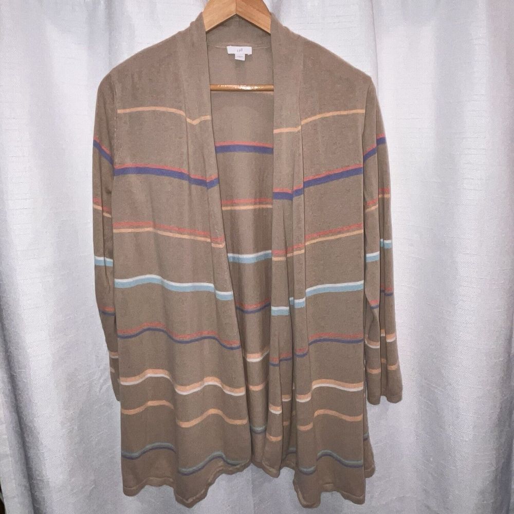 J. Jill Cardigan Sweater Linen Rayon Blend‎ Womens Medium Open Front Tan Stripe